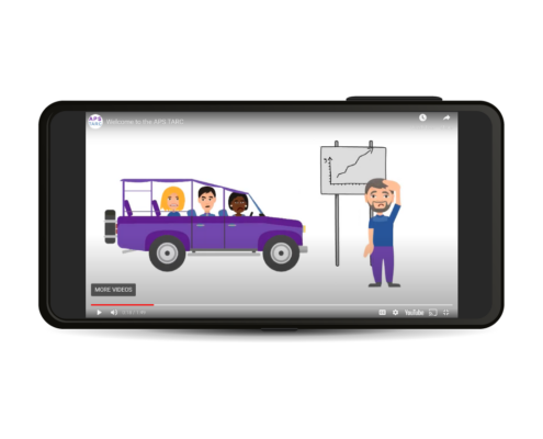 A mobile device showing an animated video featuring diverse characters pondering what the data tells them about which direction to drive their Jeep.