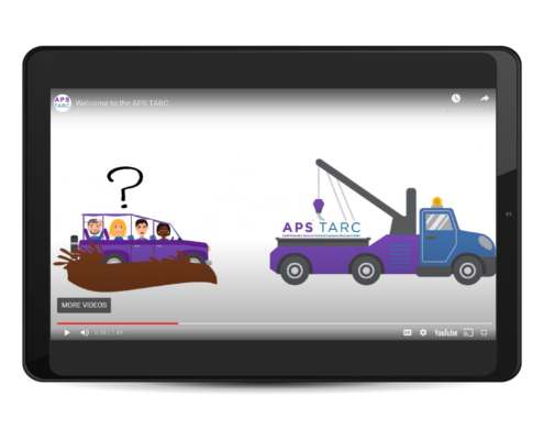 A tablet showing an animated video featuring diverse characters stuck in the mud. A tow truck branded APS TARC arrives on scene.