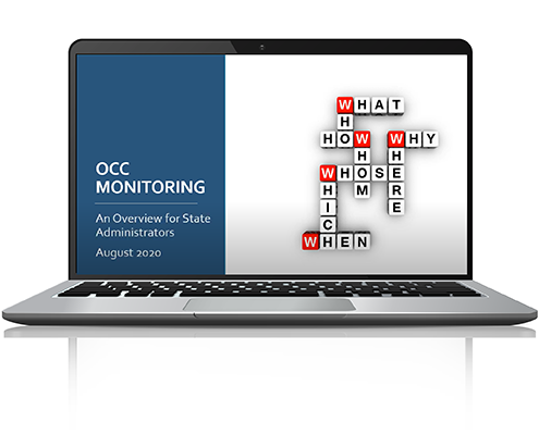 A laptop showing the opening slide for a webinar called OCC Monitoring: An Overview for State Administrators.