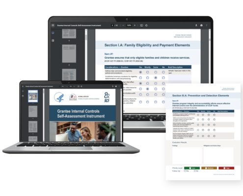 Samples of the interactive self assessment tool, including the cover page and one fillable page, each shown in their own laptop. A sample pdf page is also shown.