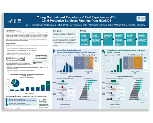 A detailed research poster on young maltreatment perpetrator's past experiences with Child Protective Services. The research poster features many charts, graphs, and infographics.
