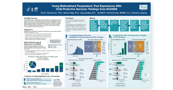 A detailed research poster on young maltreatment perpetrator's past experiences with Child Protective Services. The research poster features many charts, graphs, and infographics.