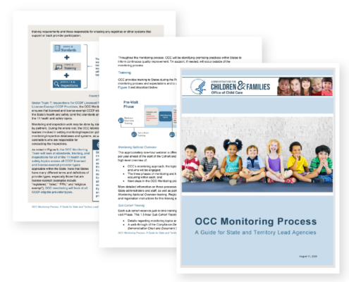 Sample pages showing the layout and design of the OCC Monitoring Process Guide, including the cover page and two body copy pages.