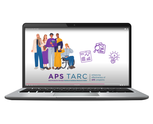 A laptop showing an animated video featuring diverse characters with three icons and the APS TARC logo.