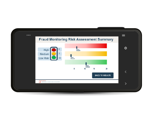 A mobile device showing an assessment summary from the Fraud Risk Assessment e-Learning module.