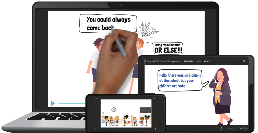 Scenario based learning examples on computer, tablet, and mobile device.