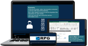 screens from the RPG-EDS technical assistance videos on a laptop, mobile phone, and tablet.