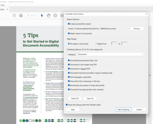 The panel for the accessibility checker options is shown in Adobe Acrobat.