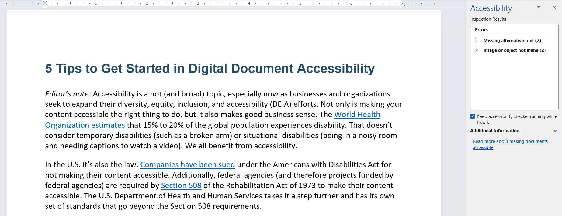 A basic accessibility test is run using Microsoft Word's accessibility checker.