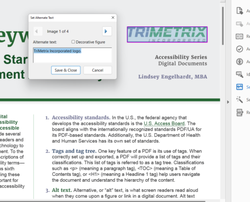 Set alt text panel in Adobe Acrobat. A logo is selected and alt text of "TriMetrix Incorporated logo" is added.