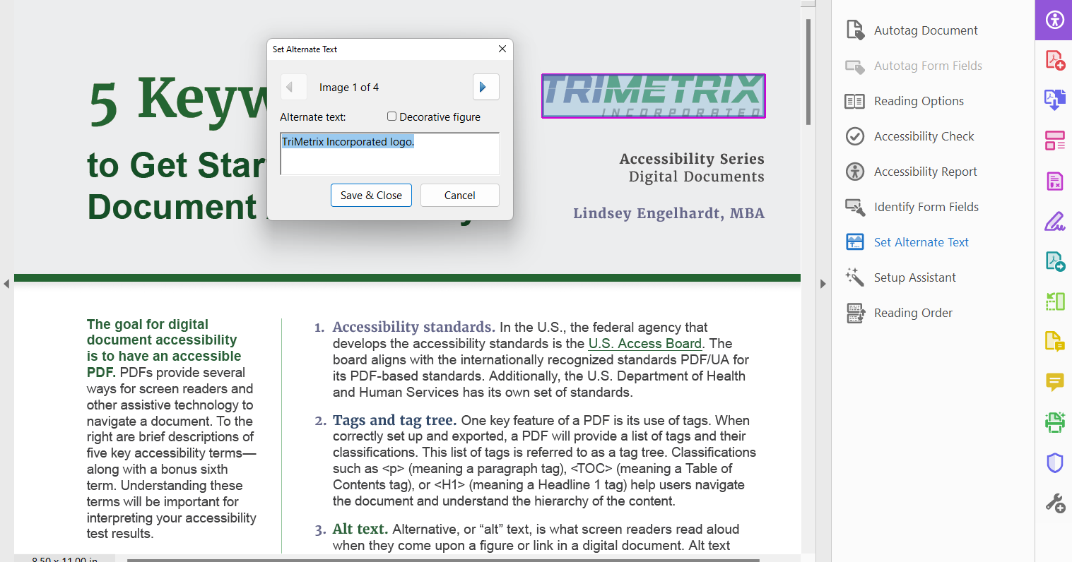 Set alt text panel in Adobe Acrobat. A logo is selected and alt text of "TriMetrix Incorporated logo" is added.