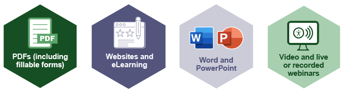 The LRC's accessibility services include PDFs (including fillable forms), websites and eLearning, Word and PowerPoint, Video and live or recorded webinars.