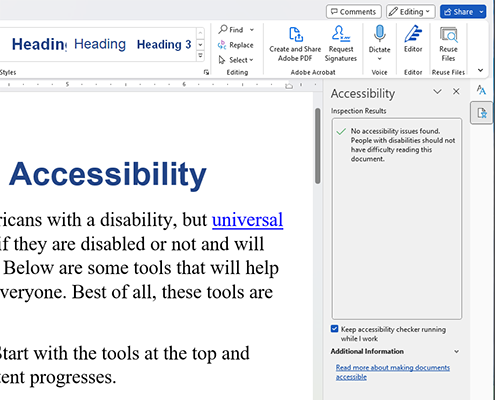 Microsoft Word's accessibility tool shows no errors for the document on screen.