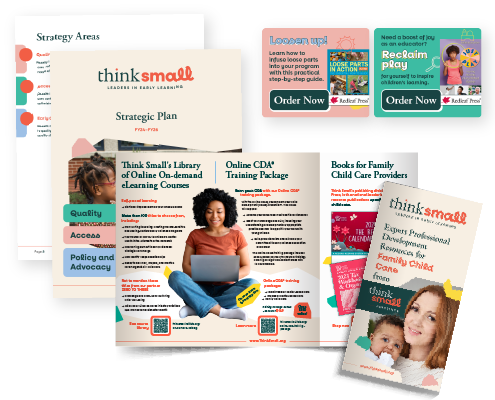 Sample projects for Think Small include a tri-fold brochure, digital ads, and a strategic plan.