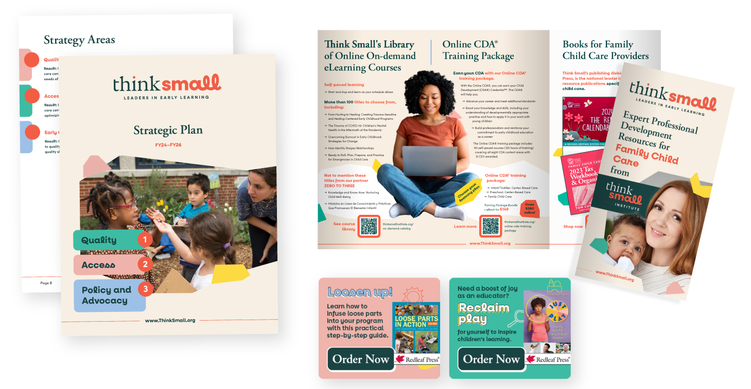 Sample projects for Think Small include a tri-fold brochure, digital ads, and a strategic plan.