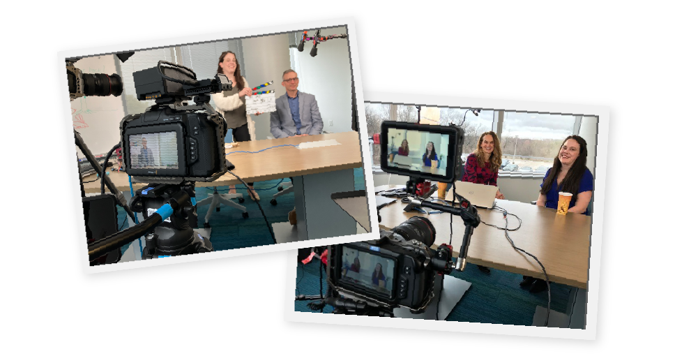 a photo of Kara Lehnhardt and Beth Holmes preparing for a video shoot and photo of Beth Holmes and Brad Kramer preparing for a take