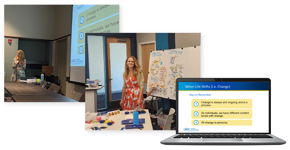 Collage of Kara Lehnhardt presenting with UMKC.