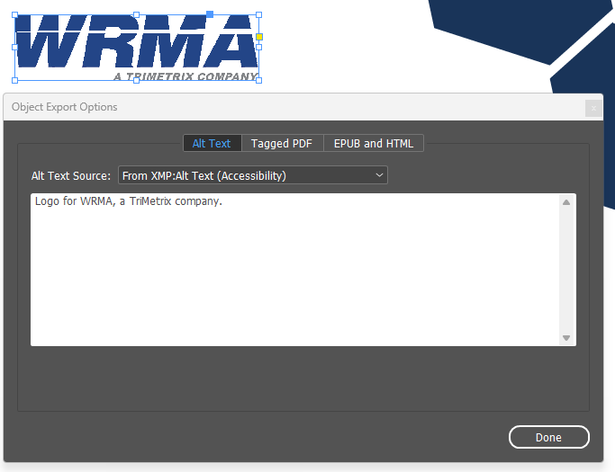 Dialog box showing how to add alt text to a image.