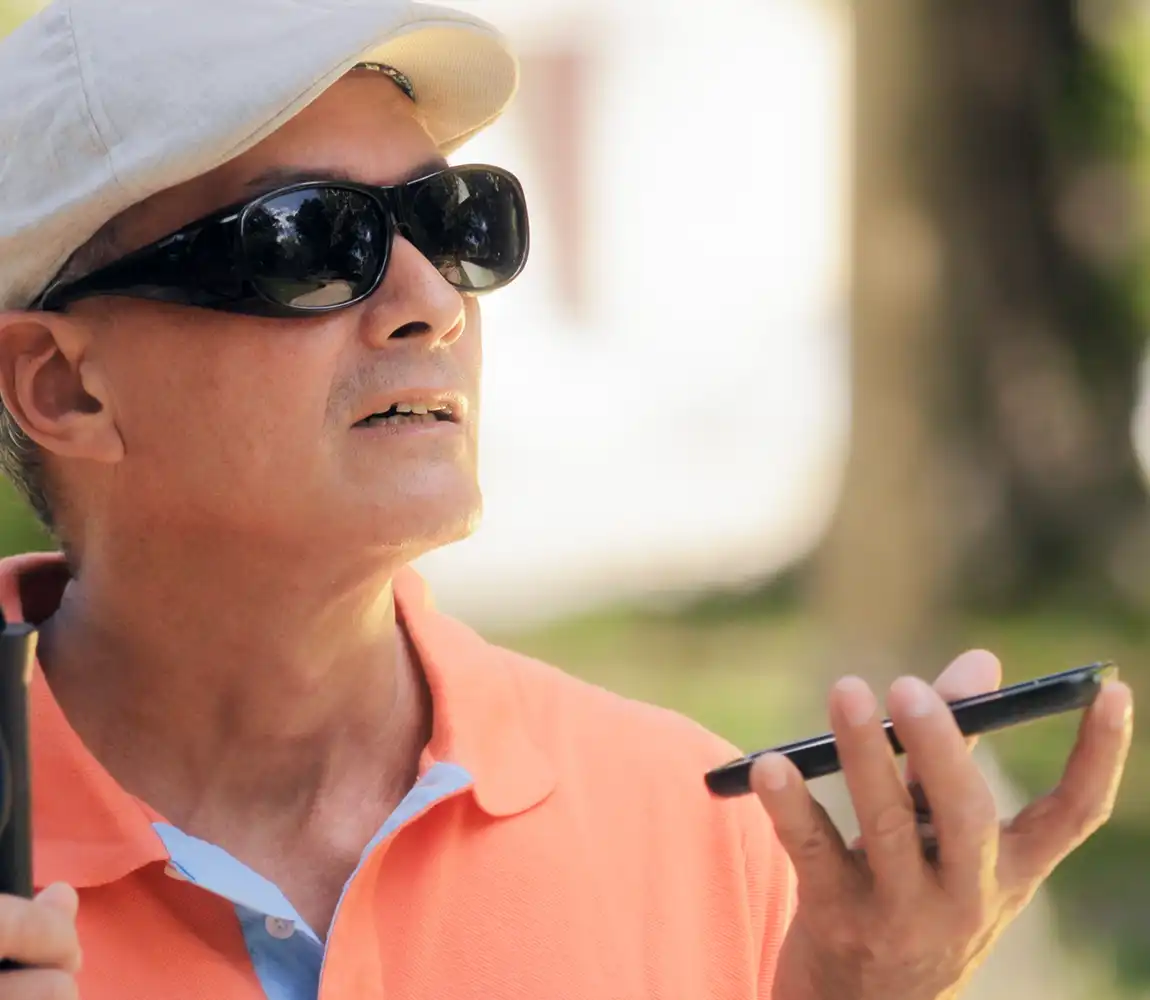 Man who is blind Talking With Mobile Phone Disabled Man Speaking