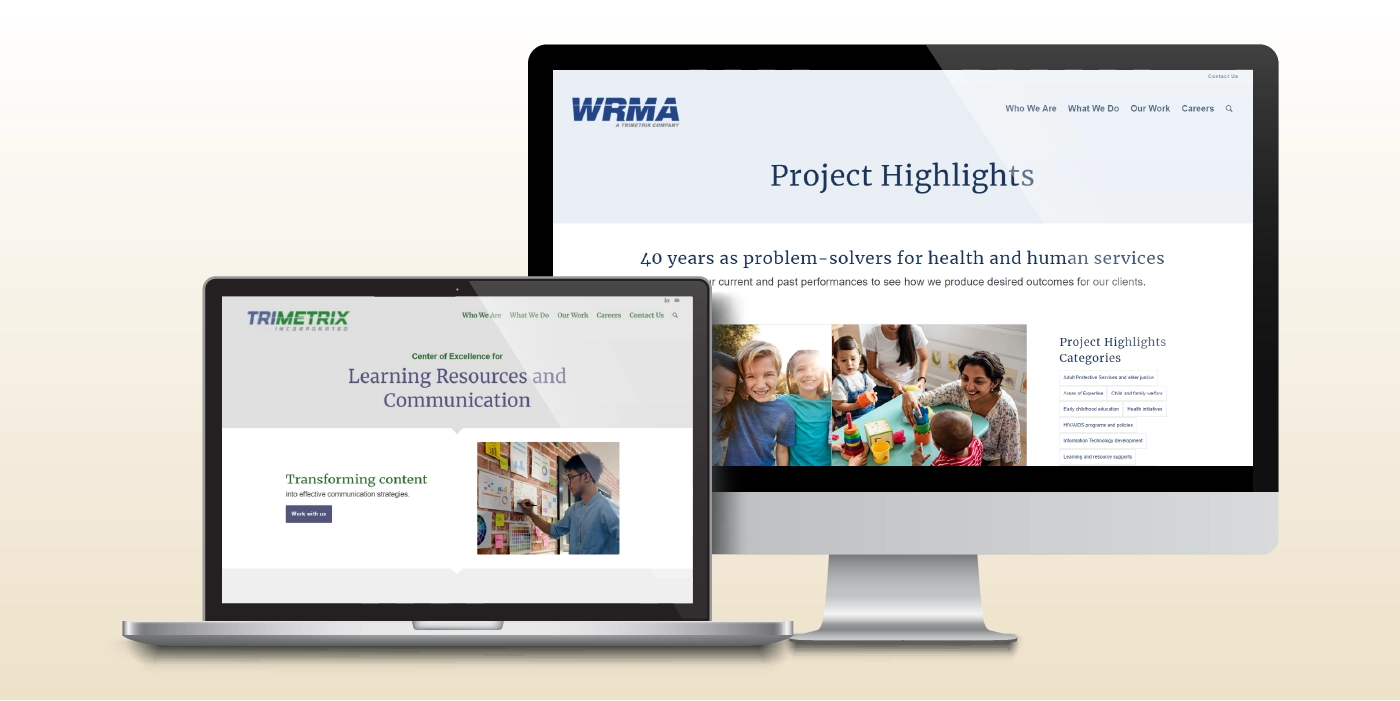 A laptop and computer monitor show previous websites from the WRMA and TriMetrix websites.
