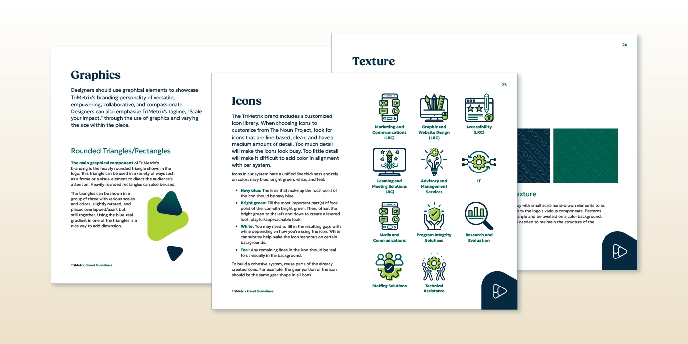 New branding guidelines for TriMetrix include guidance on graphics, icons, and texture.
